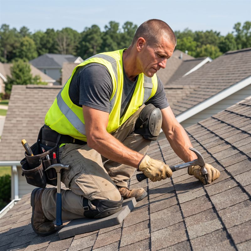 Roofer fastening shingles on a residential roof