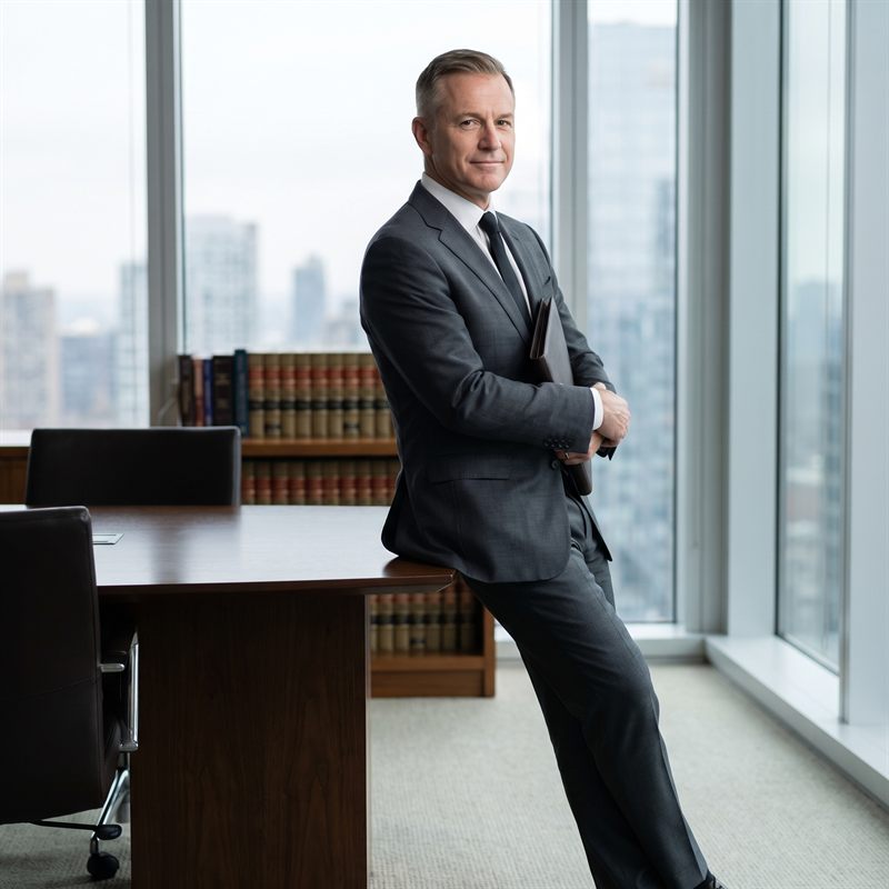 Attorney standing in a downtown law office