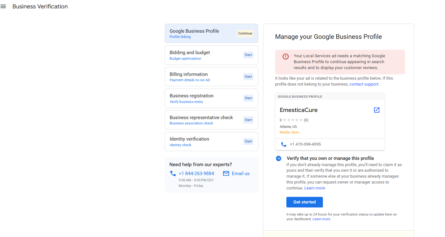 Google Business Verification checklist showing profile linking, bidding, billing, business registration and identity verification steps — active client account managed by JBiz Media